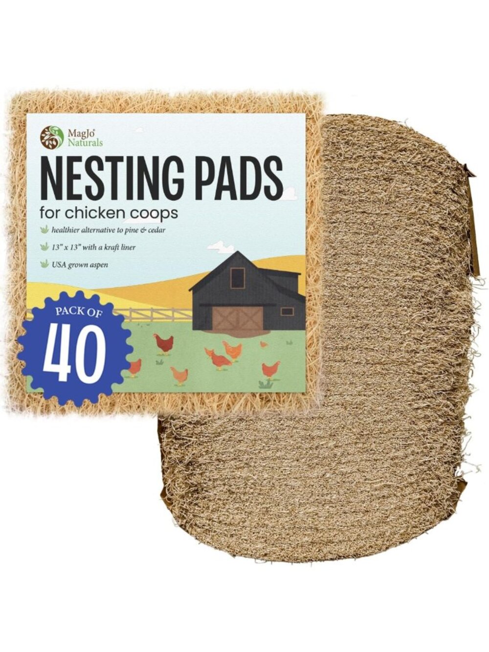 Coop Nesting Pads for Chickens - USA Grown Aspen Excelsior Liners, 13x13, 40